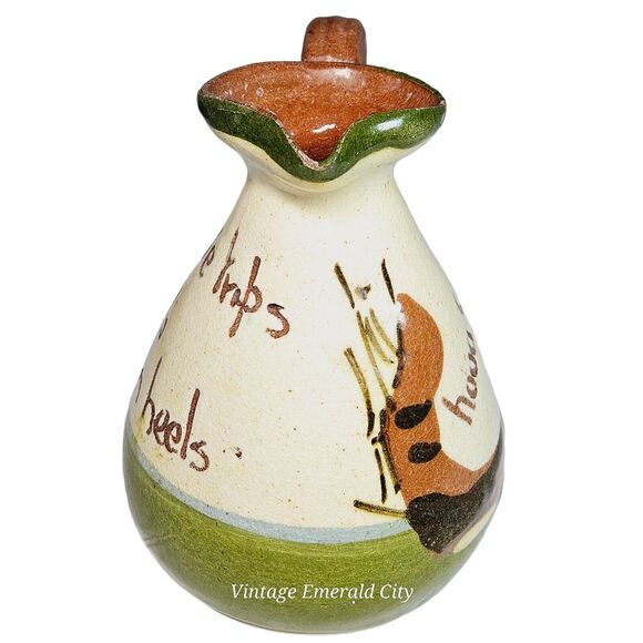 Torquay Devon Motto Creamer Mini Pitcher & Wooden Stand Set Red Pottery England - Picture 2 of 16